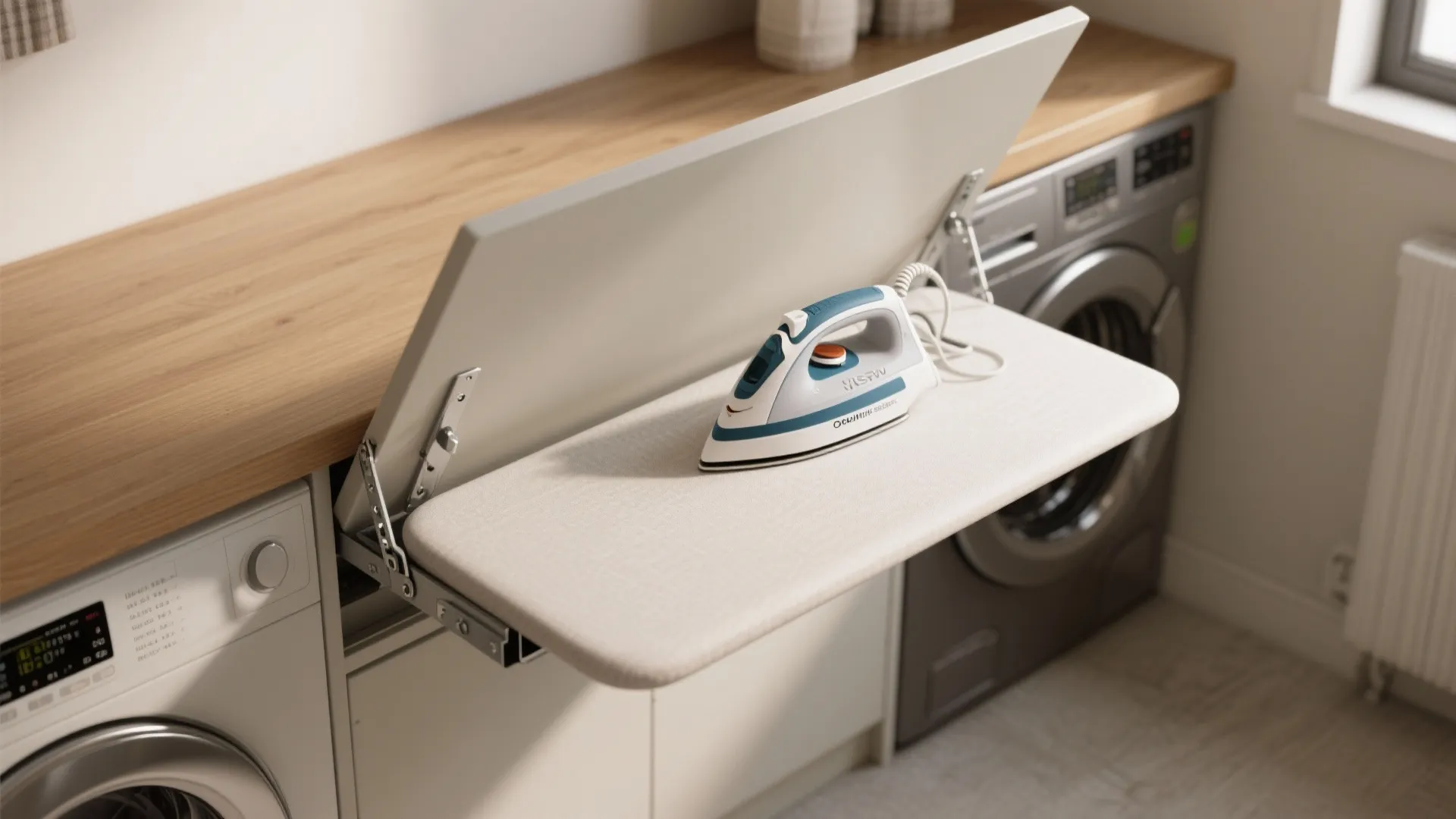 Fold-down ironing board with iron placed next to a washing machine in a laundry room