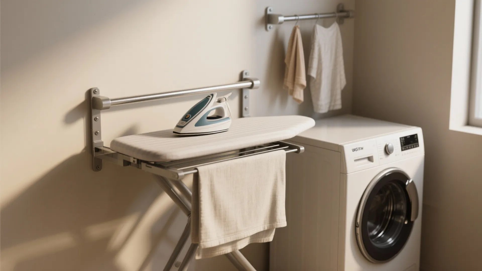 5. Fold-Down Ironing Board + Drop-Down Drying Rod