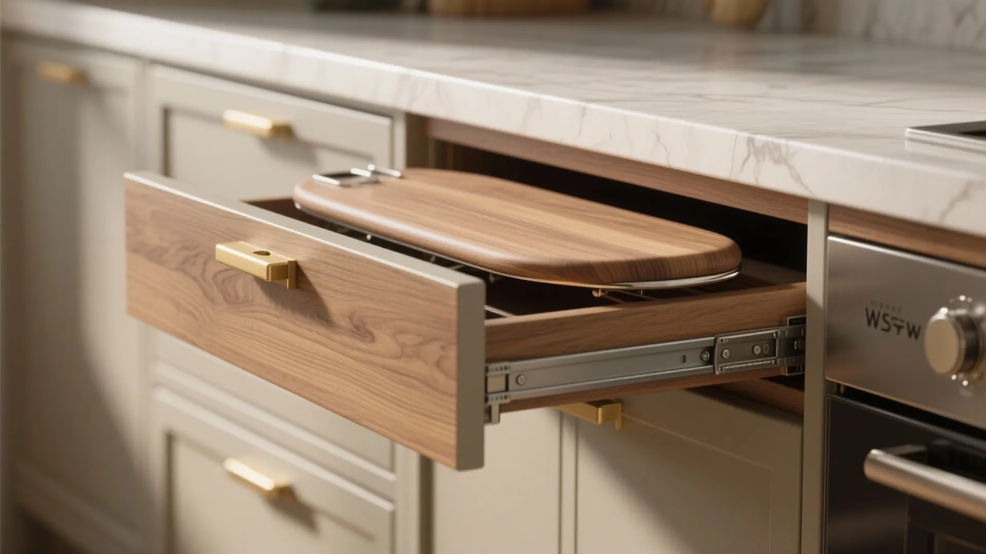 2. Fold-down countertop with hidden cabinet ironing board