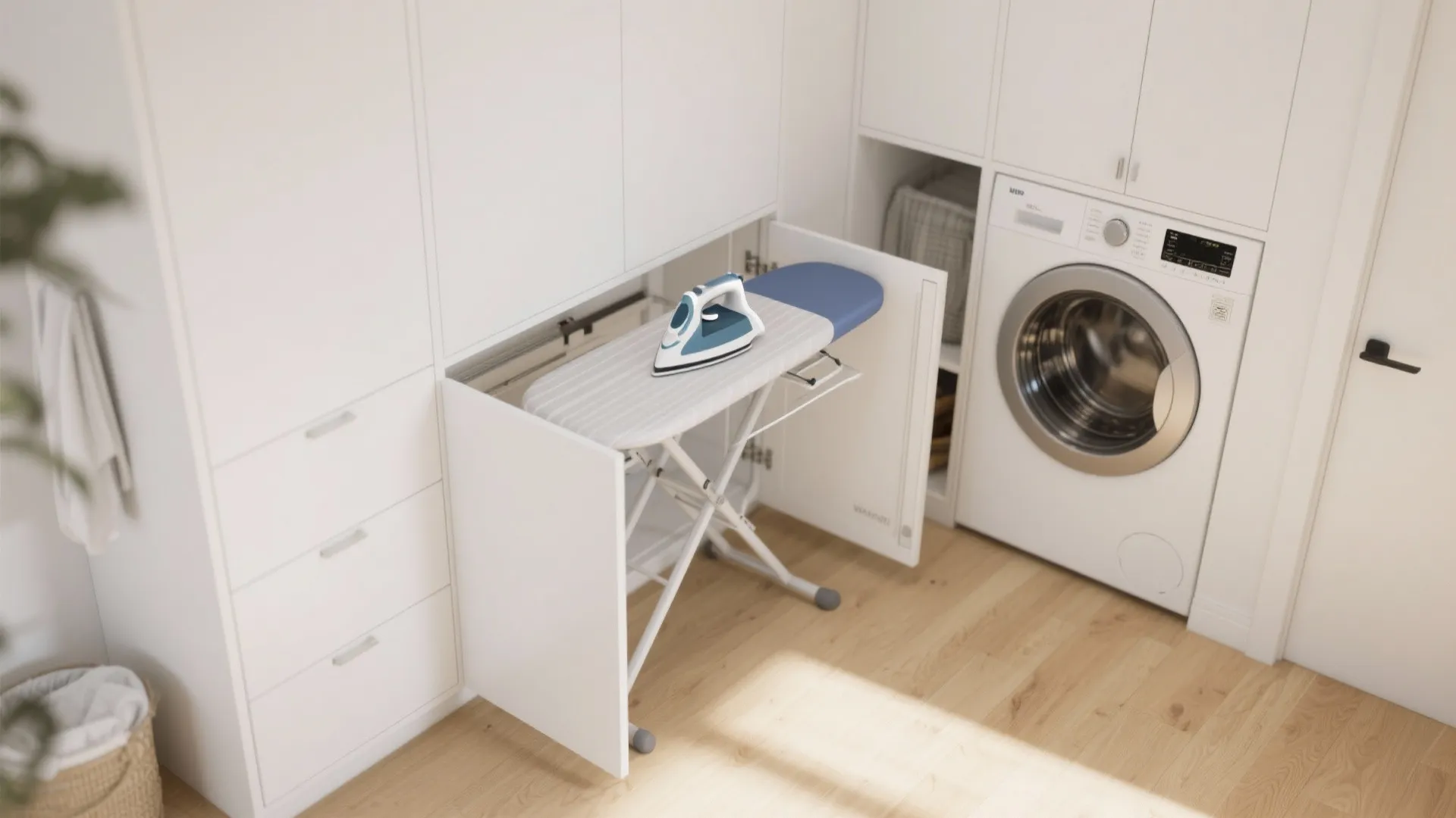 Fold-down ironing board built into laundry cabinetry