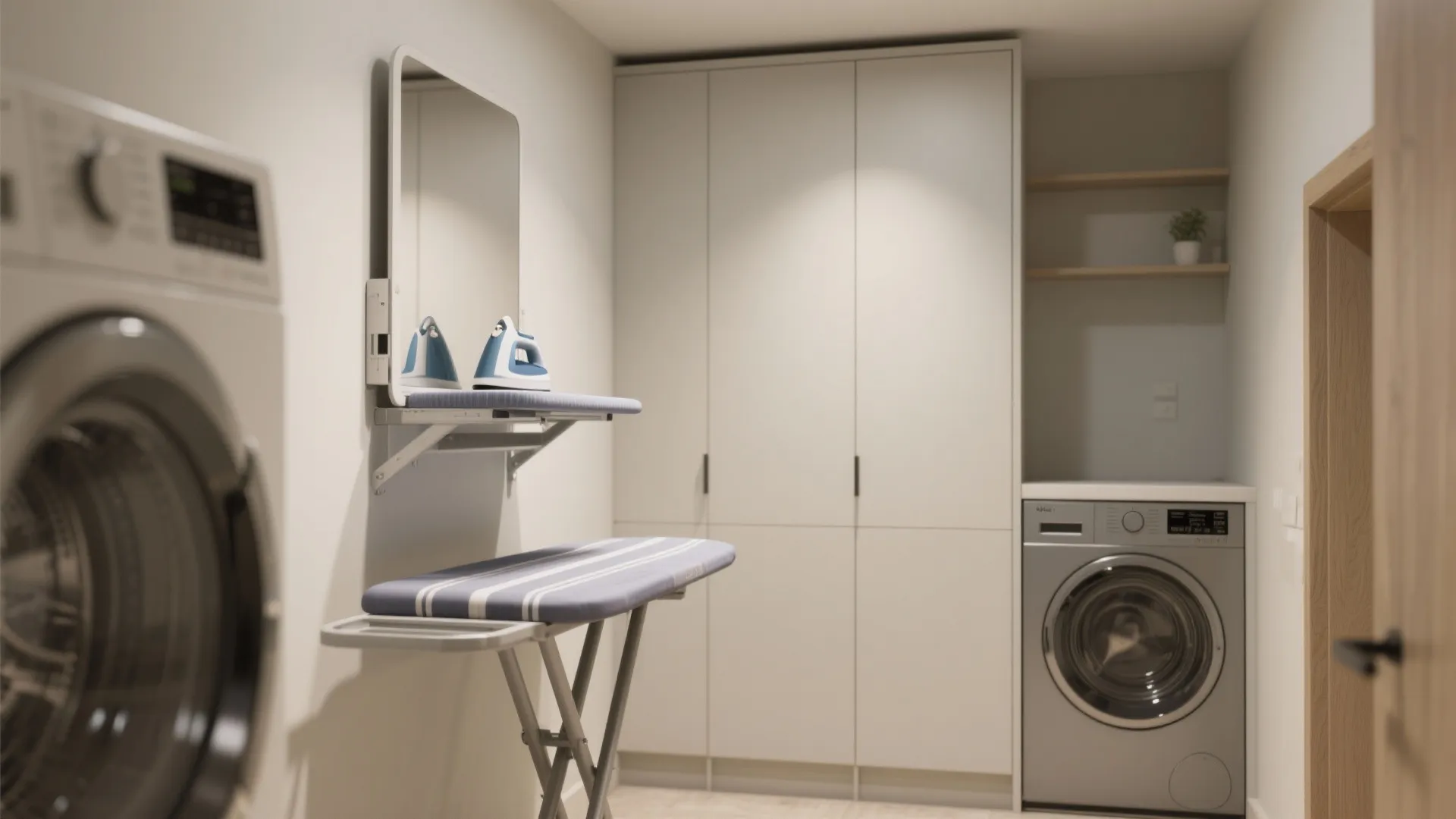 Modern laundry room with white cabinets washing machine wall mounted mirror and fold down ironing board