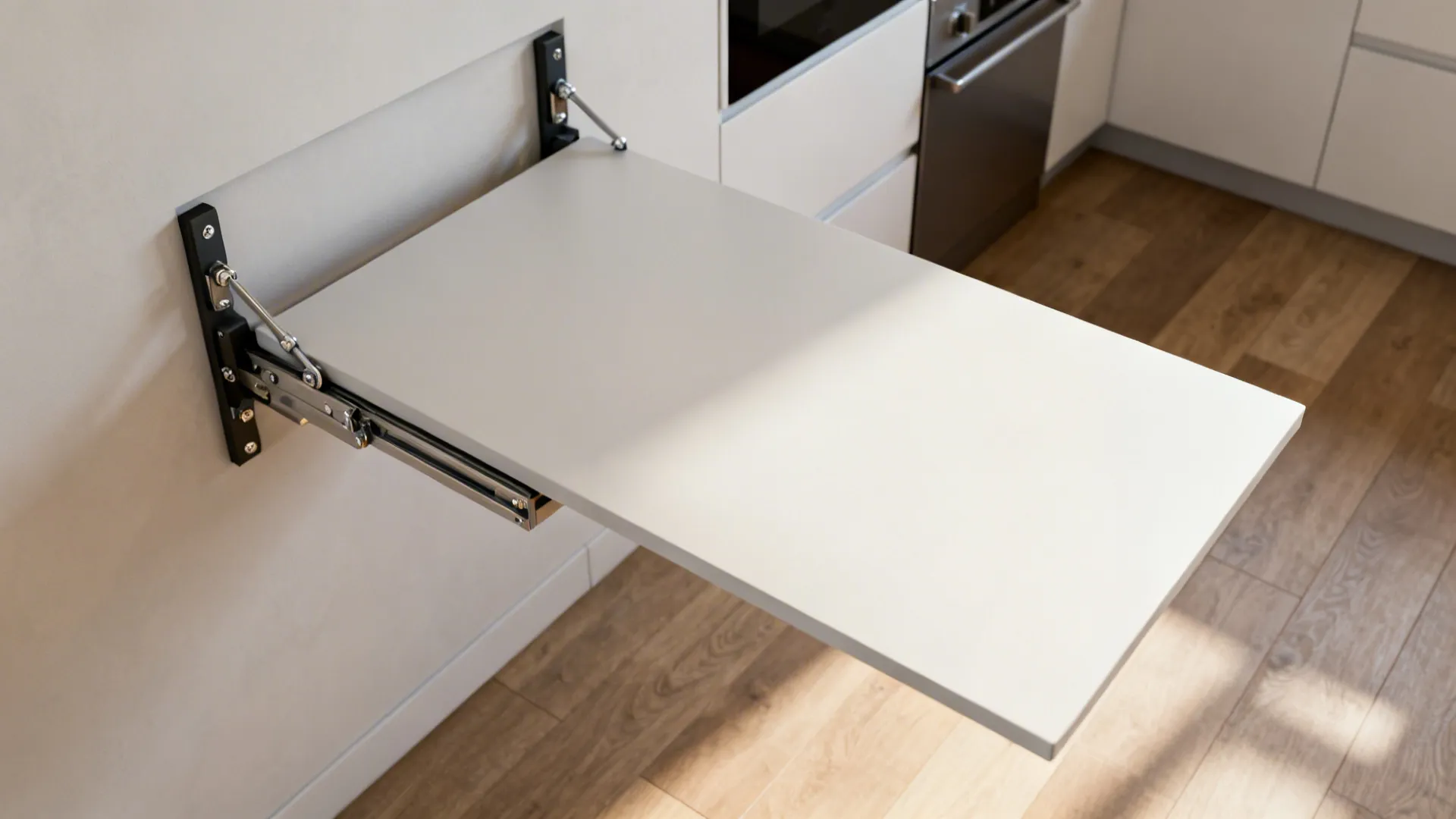 Wall-mounted fold-down island shown folded up and folded down in a micro kitchen.