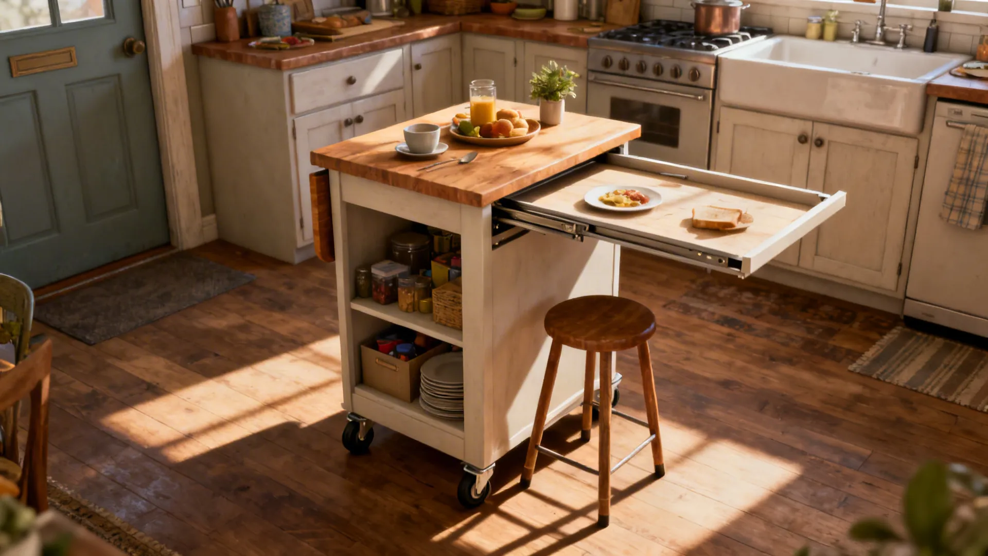 Narrow island on casters with fold-down table extended for dining and prep in a small kitchen