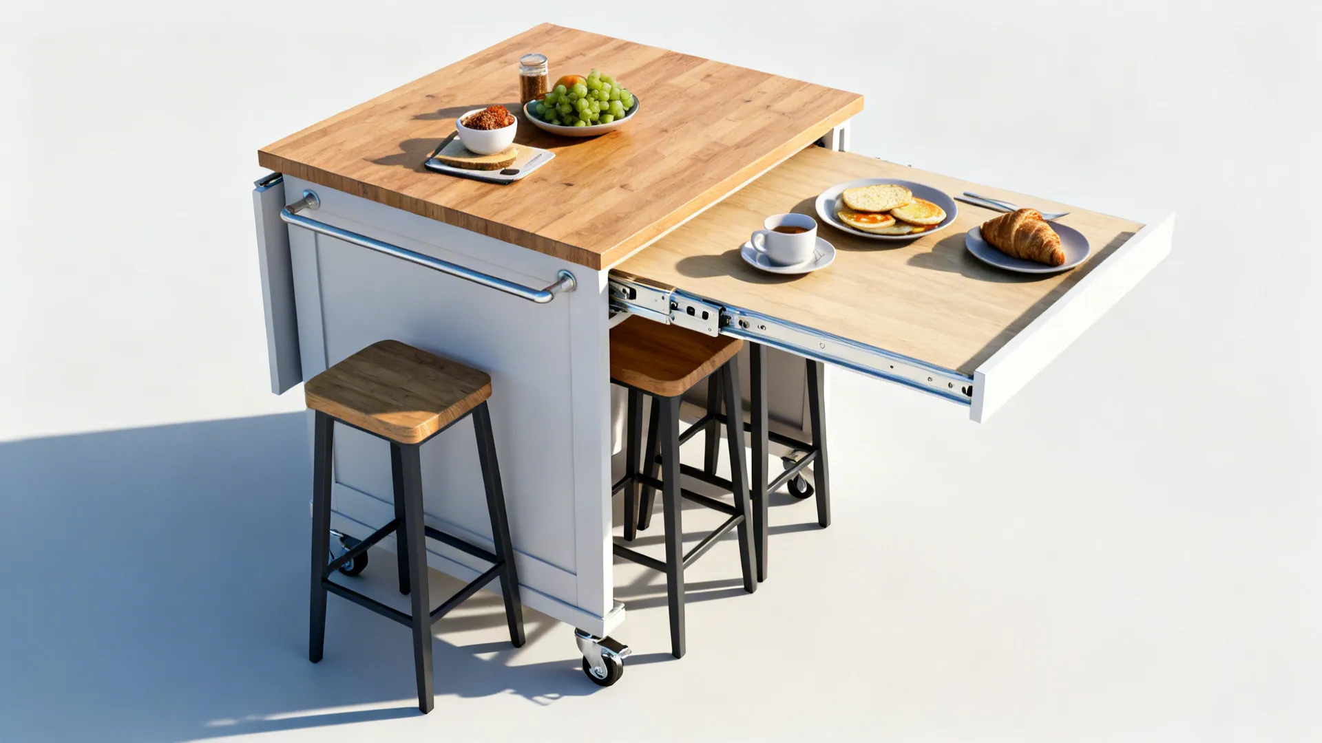 Multifunctional rolling island with a fold-down breakfast shelf in a compact kitchen