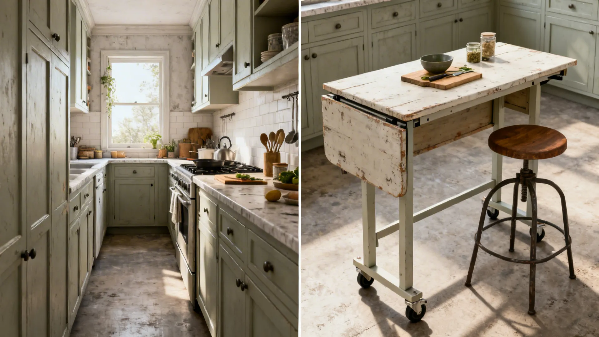 Before-and-after of a tiny kitchen with a fold-down counter and multipurpose rolling island added.