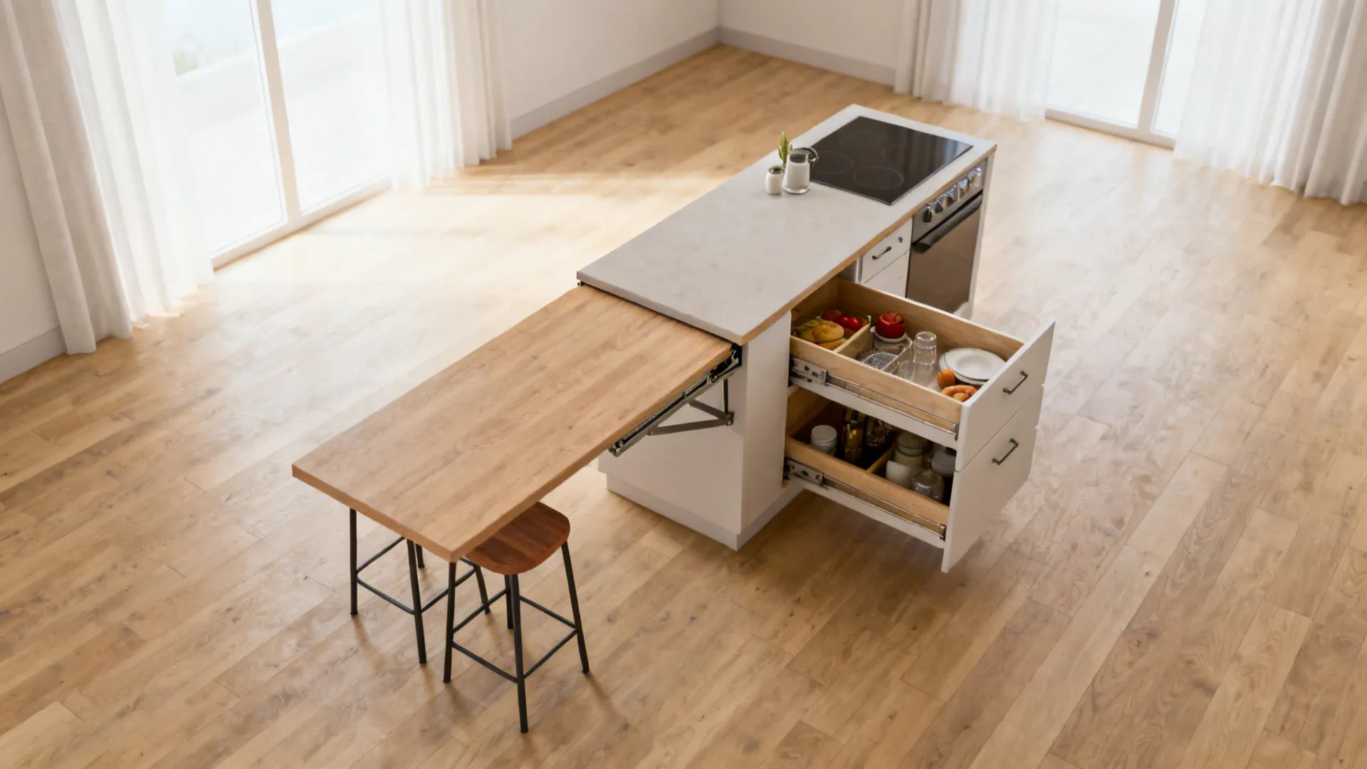 Top-down view of a slim island and fold-down counter in a compact kitchen with stools tucked away