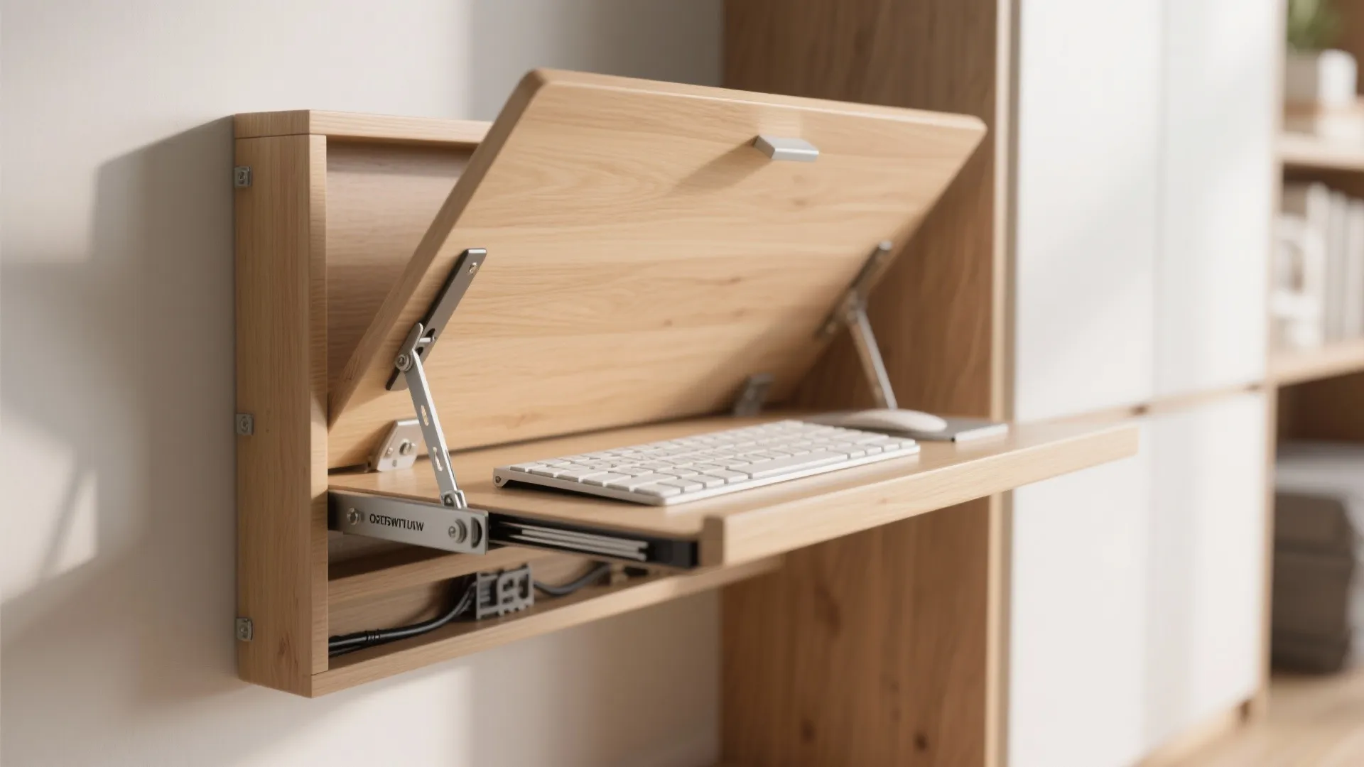 Wall mounted wooden folding desk showing a pull out tray with computer keyboard and mouse