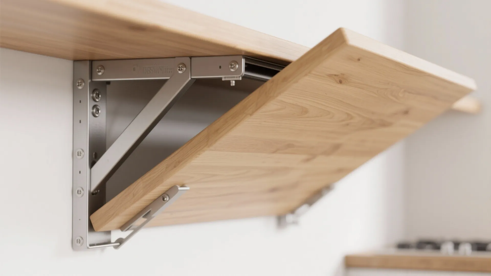 Close up of wooden fold down wall desk with metal brackets in a bright kitchen