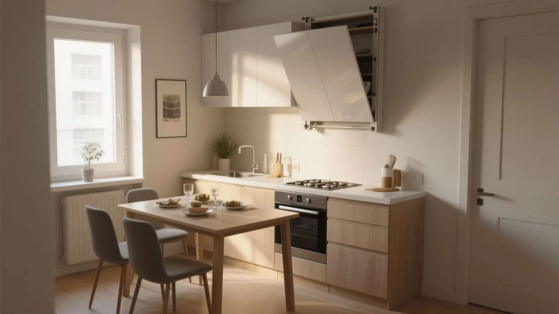 Small dining area with wooden table and chairs next to kitchen with white wall cabinets