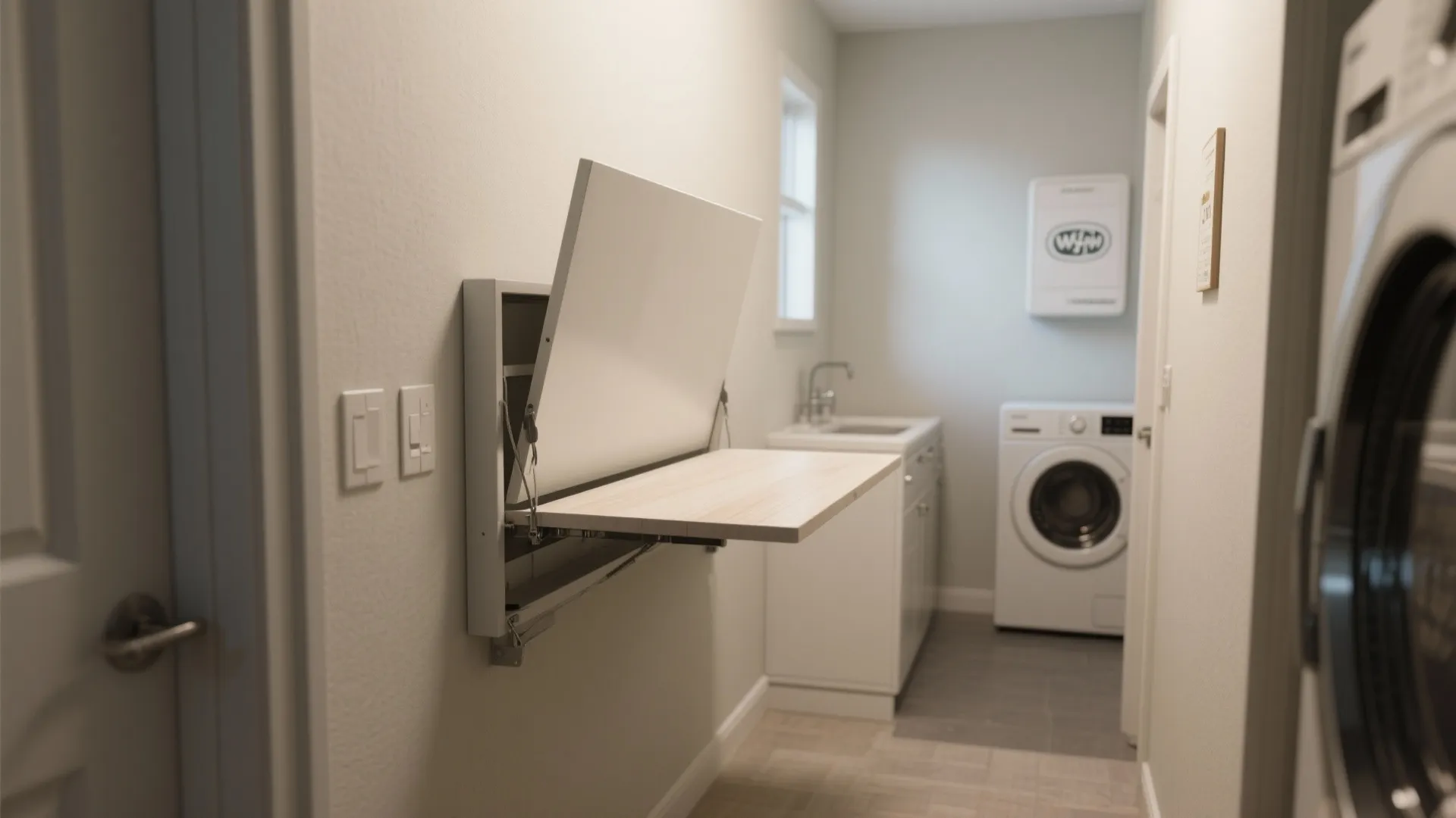 Space saving fold down wooden table mounted on wall in a narrow white laundry room area