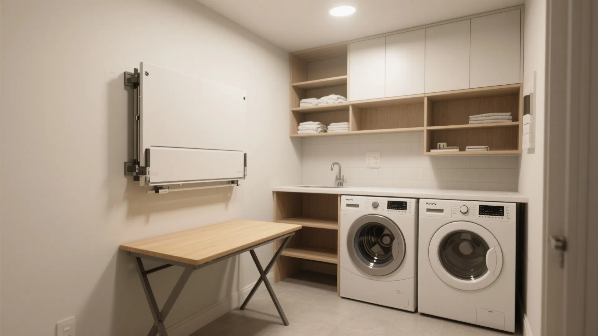Modern laundry room with folding wood table white washing machines wooden shelves and bright ceiling light