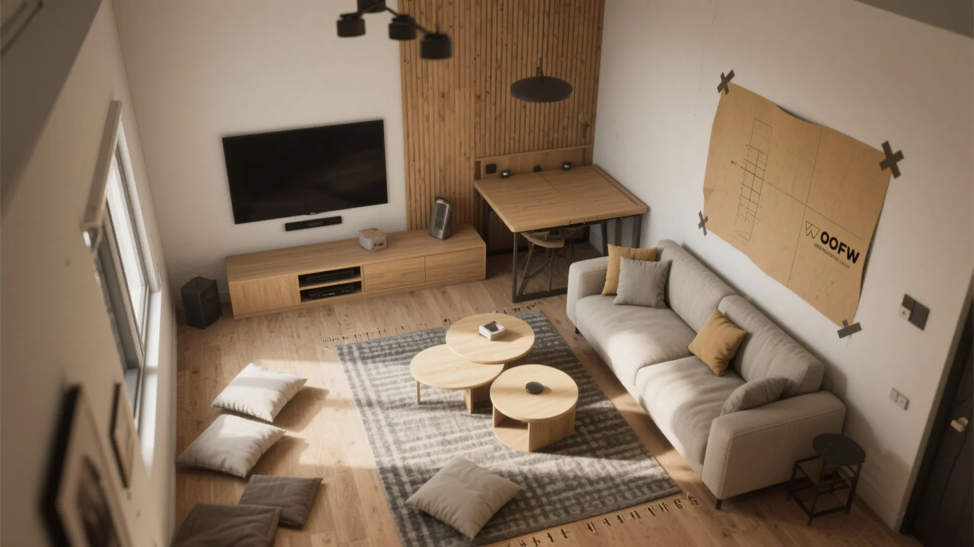 Modern small living room with grey sofa wooden coffee tables floor cushions and big television