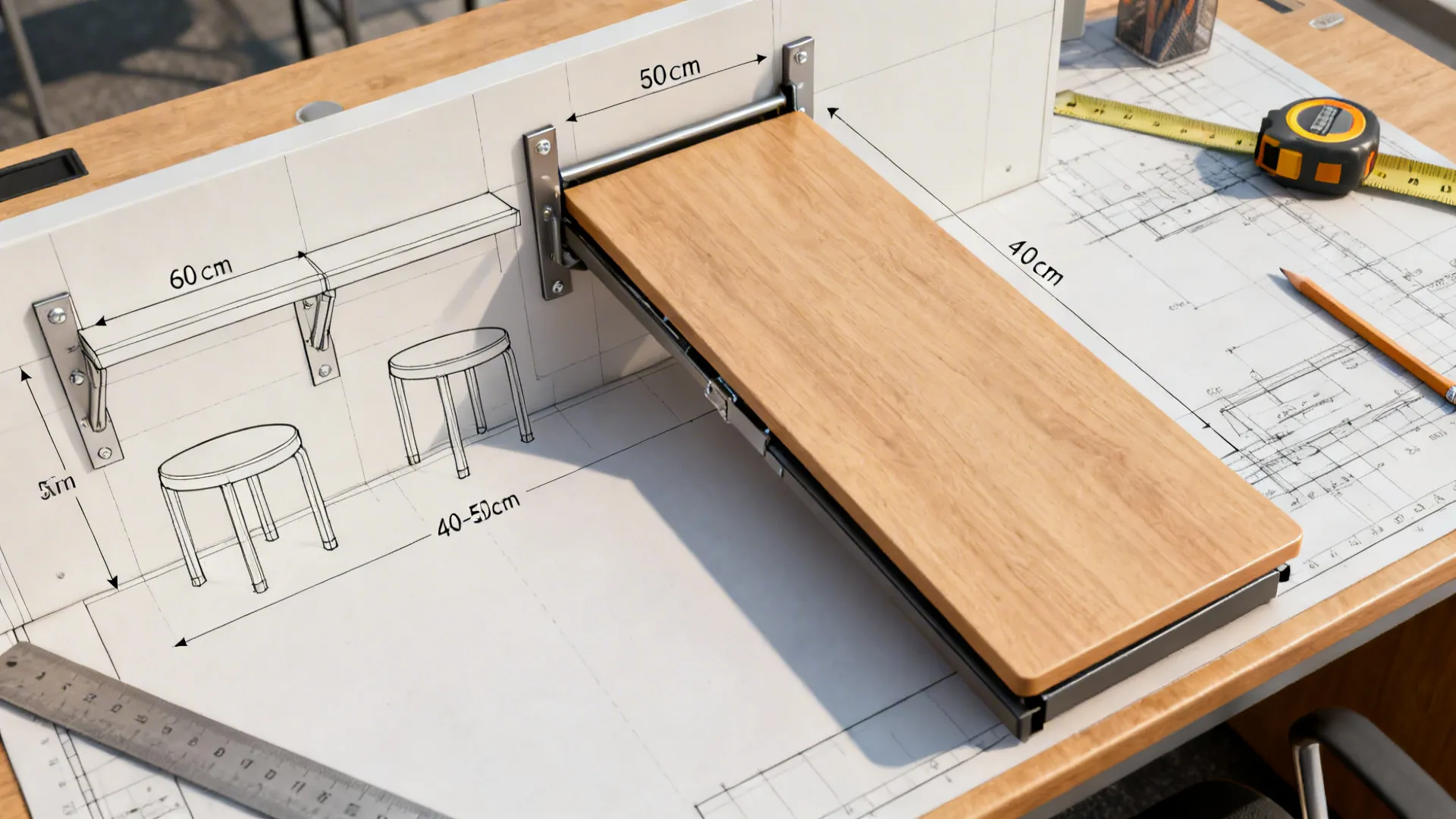 Top-down planning view showing fold-down table clearances, stud locations, and stool tuck-in zones.