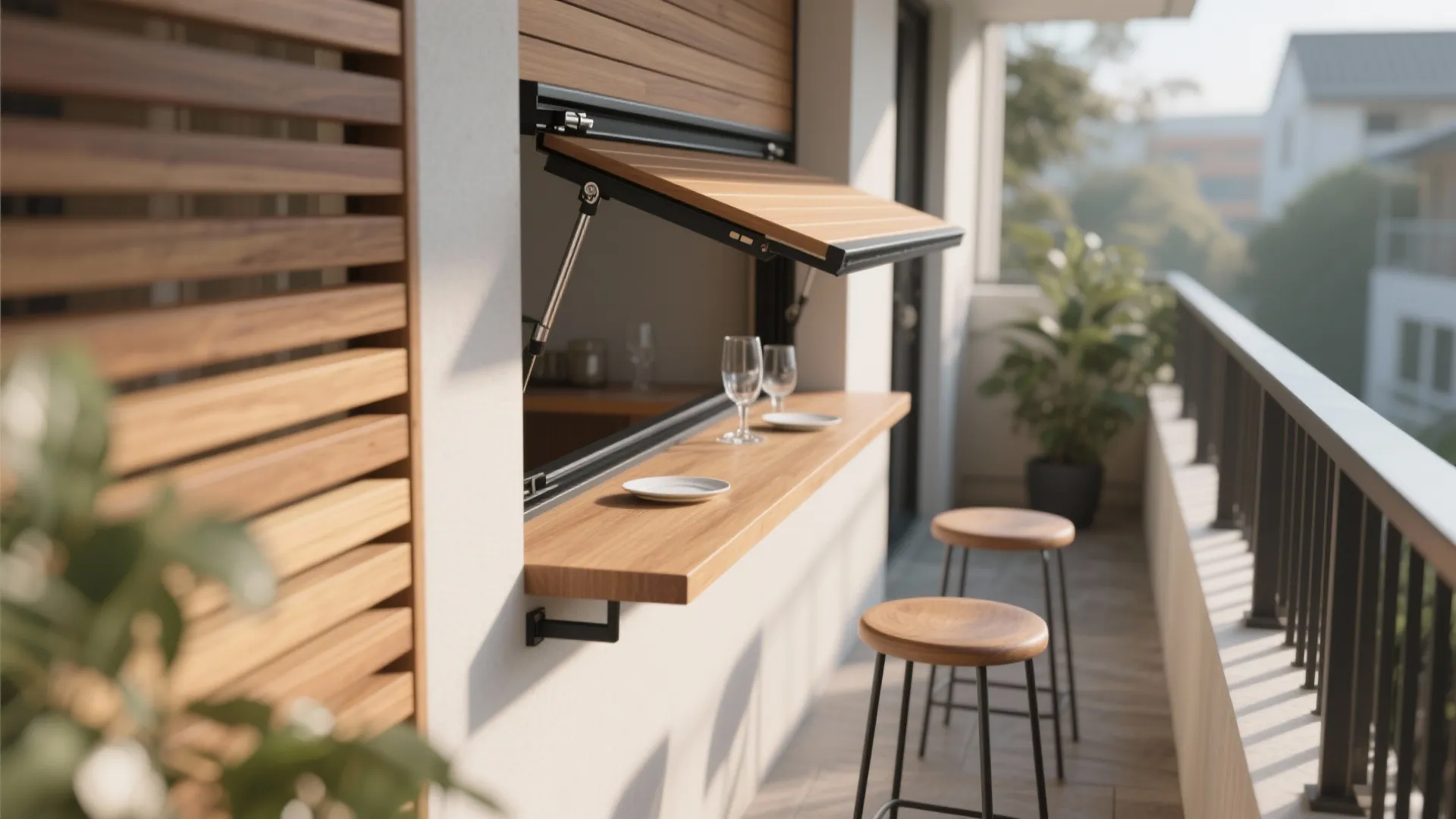 Modern balcony featuring a wooden fold down window bar with two stools and wine glasses