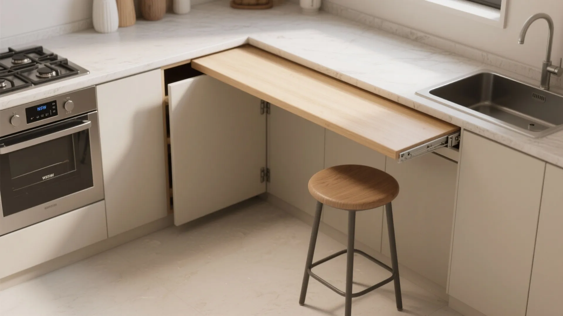 5. Flexible Dining and Hidden Work Surfaces