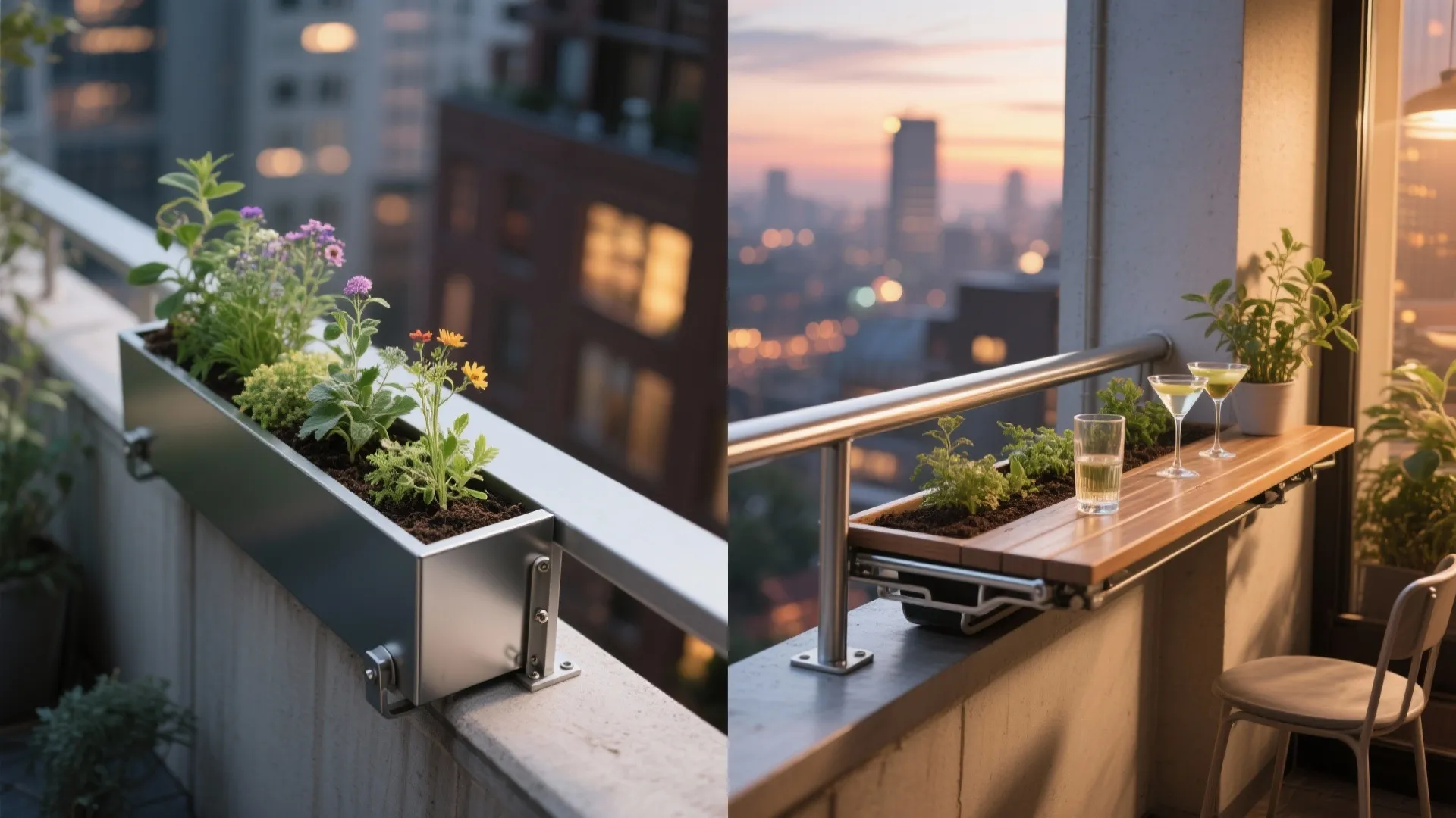 Fold-down ledge planter shown closed as a garden and open as a cocktail rail.