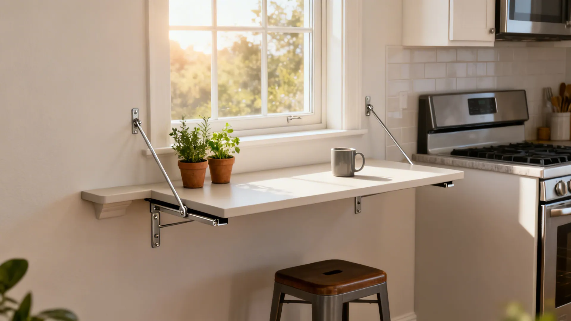 Fold-down breakfast ledge under a centered kitchen window with slim brackets and a compact stool.