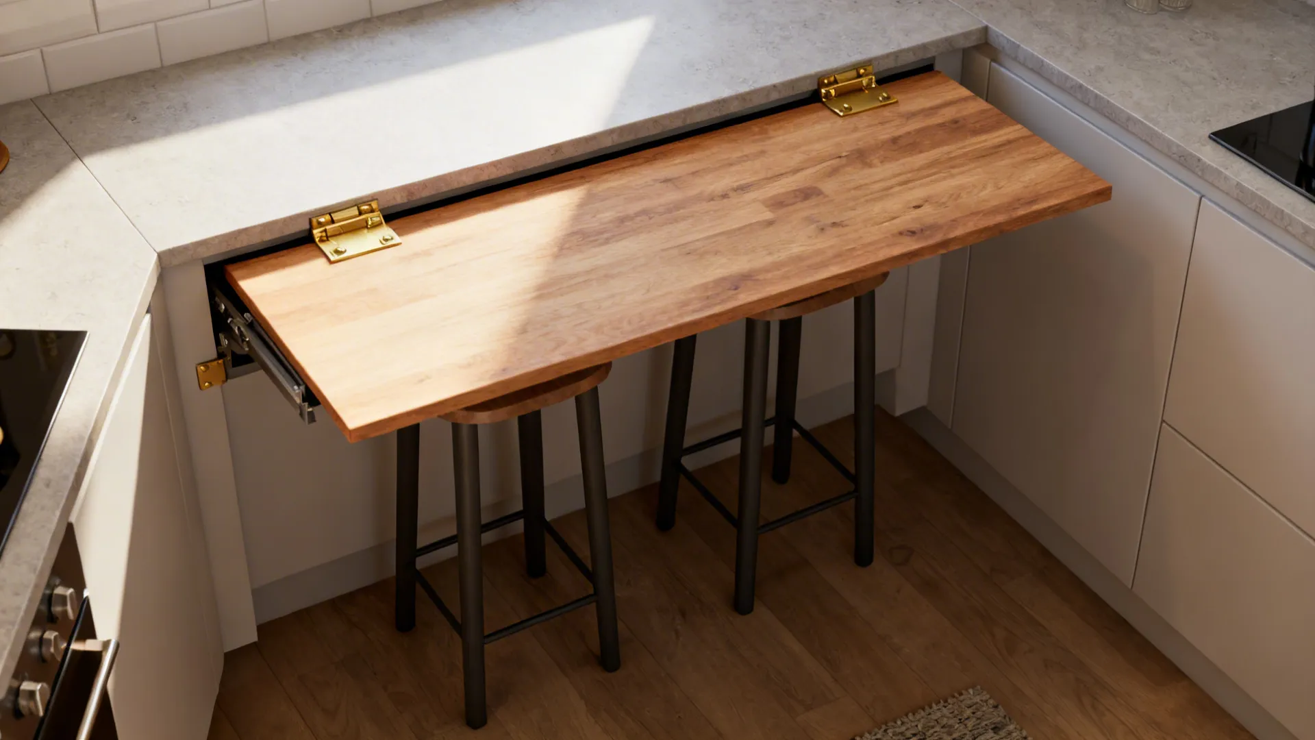 Fold-down breakfast ledge with two slim stools in a small kitchen