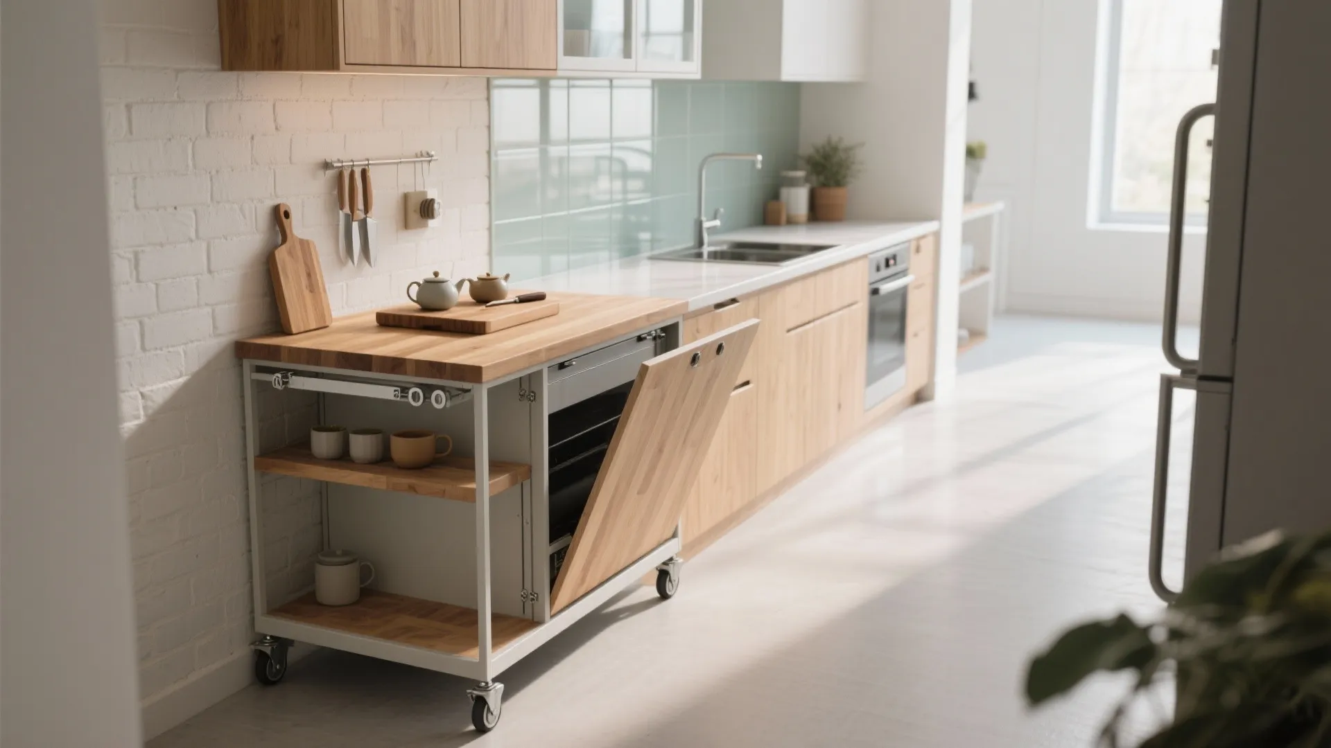 Multi-purpose island or fold-down ledge for tiny kitchens