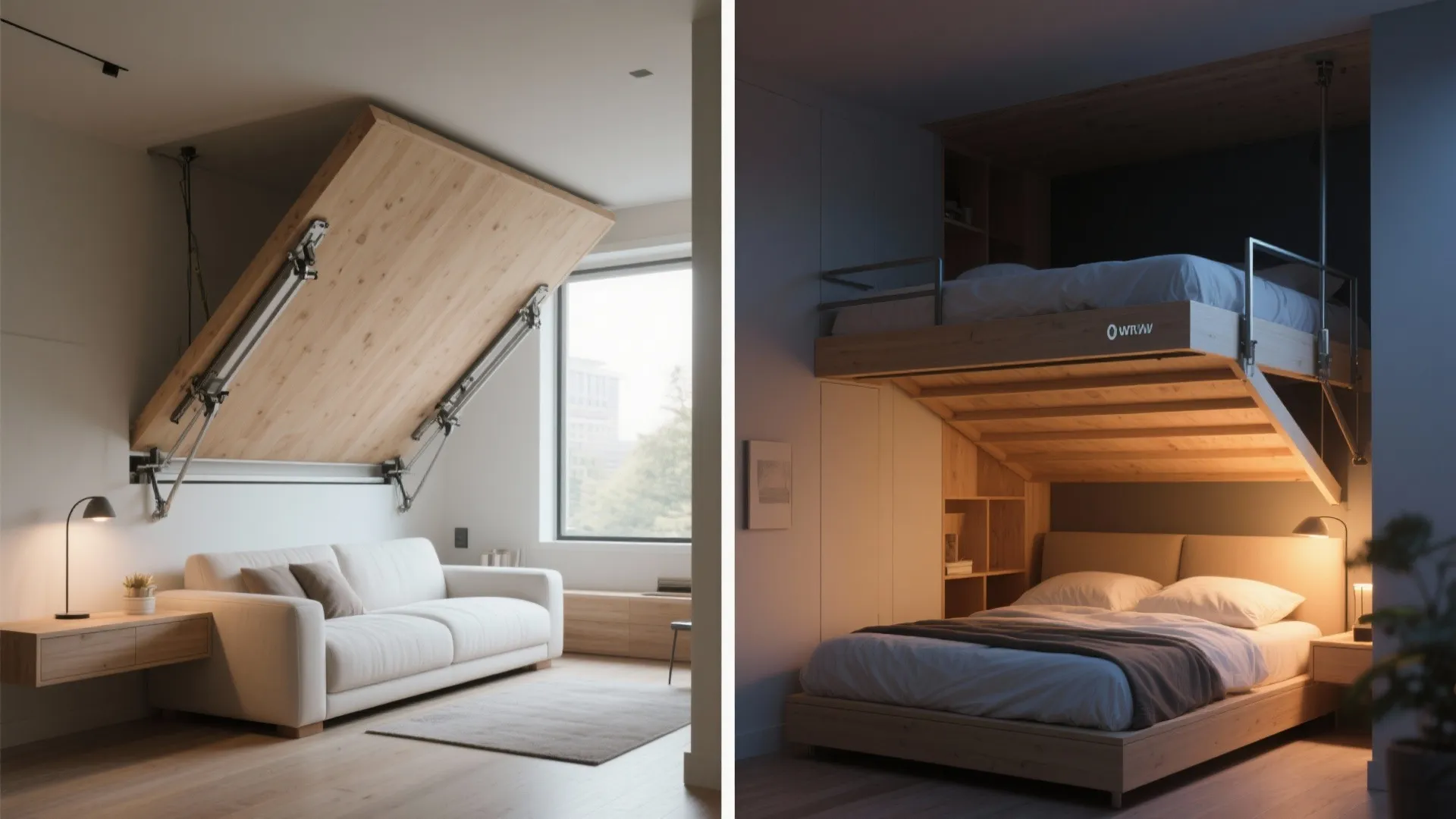 Before and after comparison of a wall bed transforming a living room into a bedroom
