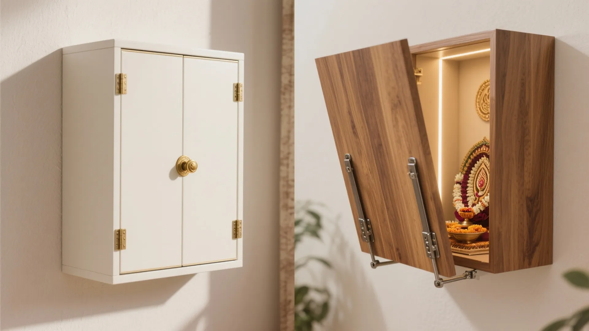 Fold-Down Mandir Cabinet with Compact Slab