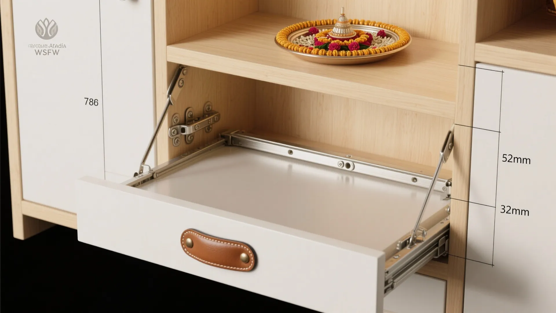 Compact plywood pooja cabinet with fold-down aarti shelf