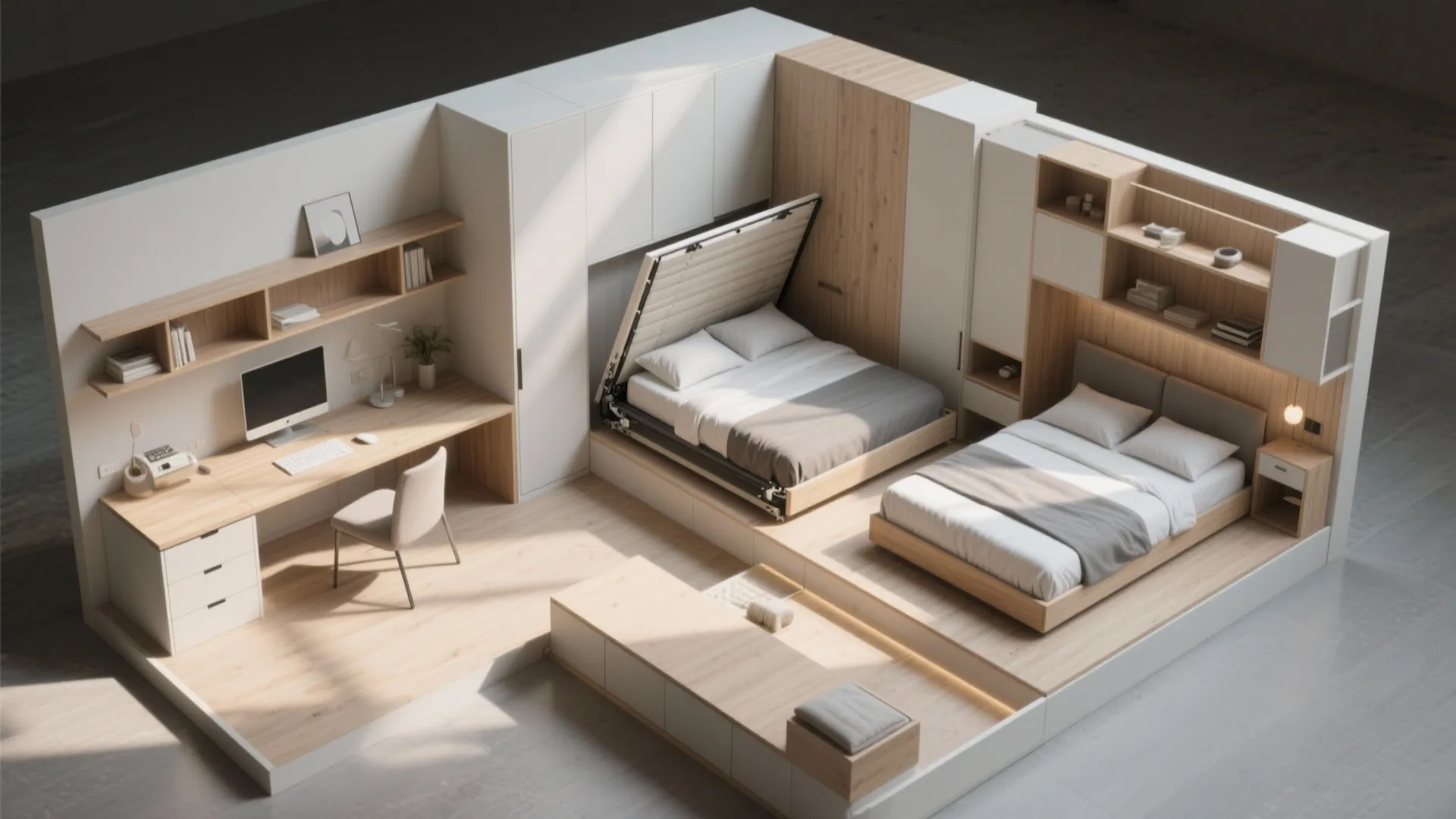 Modern studio apartment layout with a workspace area and two beds inside white wooden cabinets