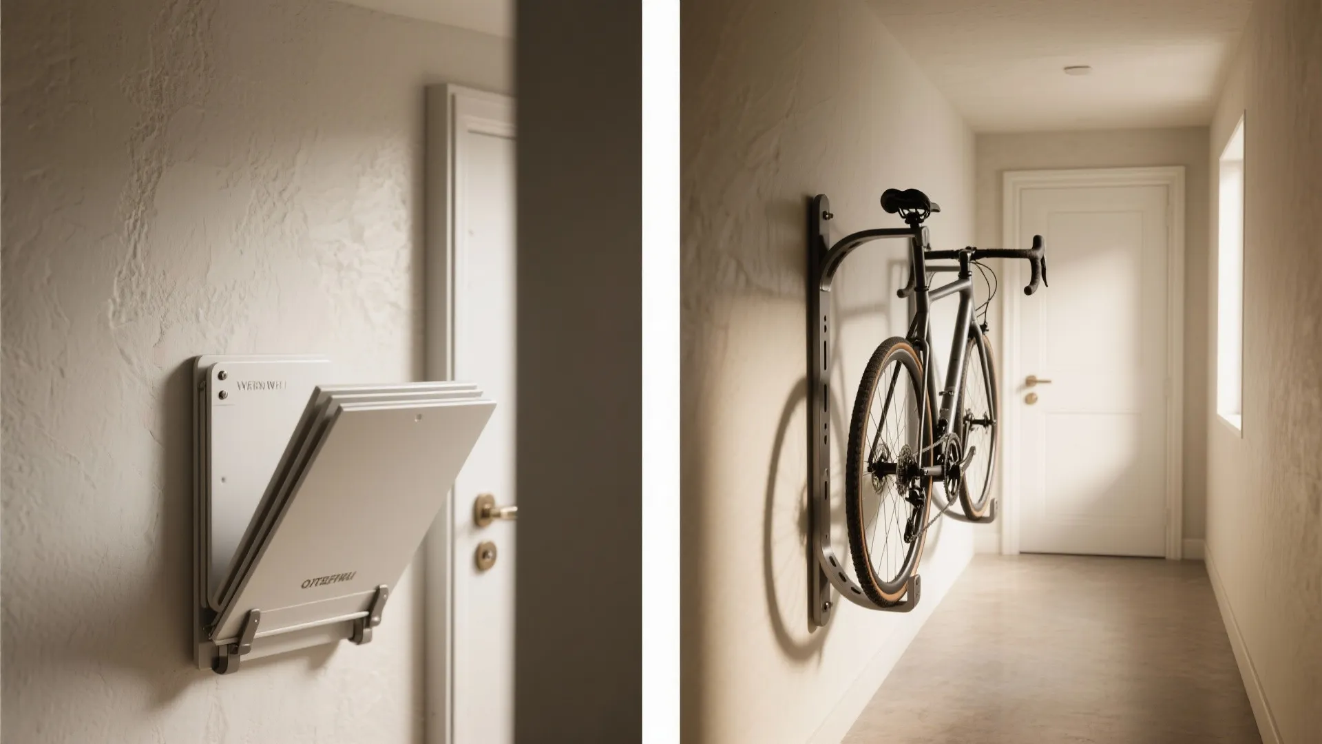 Split image showing wall mounted folding rack and bike hanging in a narrow white hallway