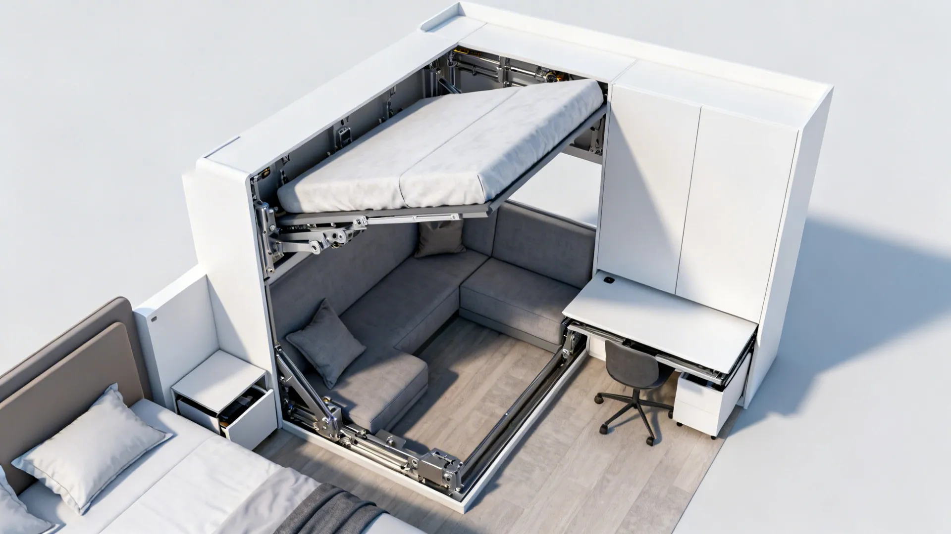 Small bedroom with a Murphy bed folded up revealing a sofa and fold-down desk
