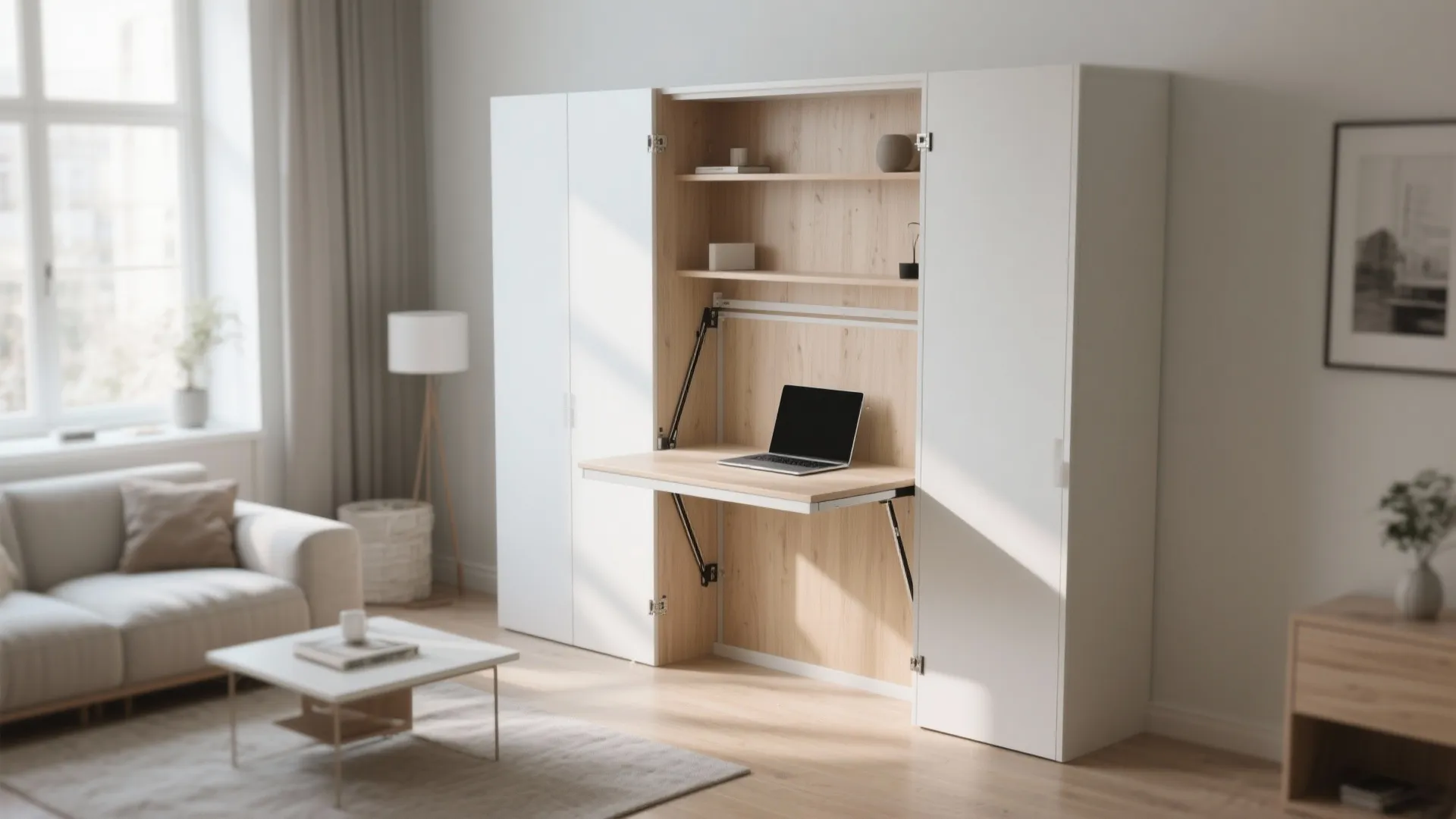 White fold-down Murphy desk in a small living room