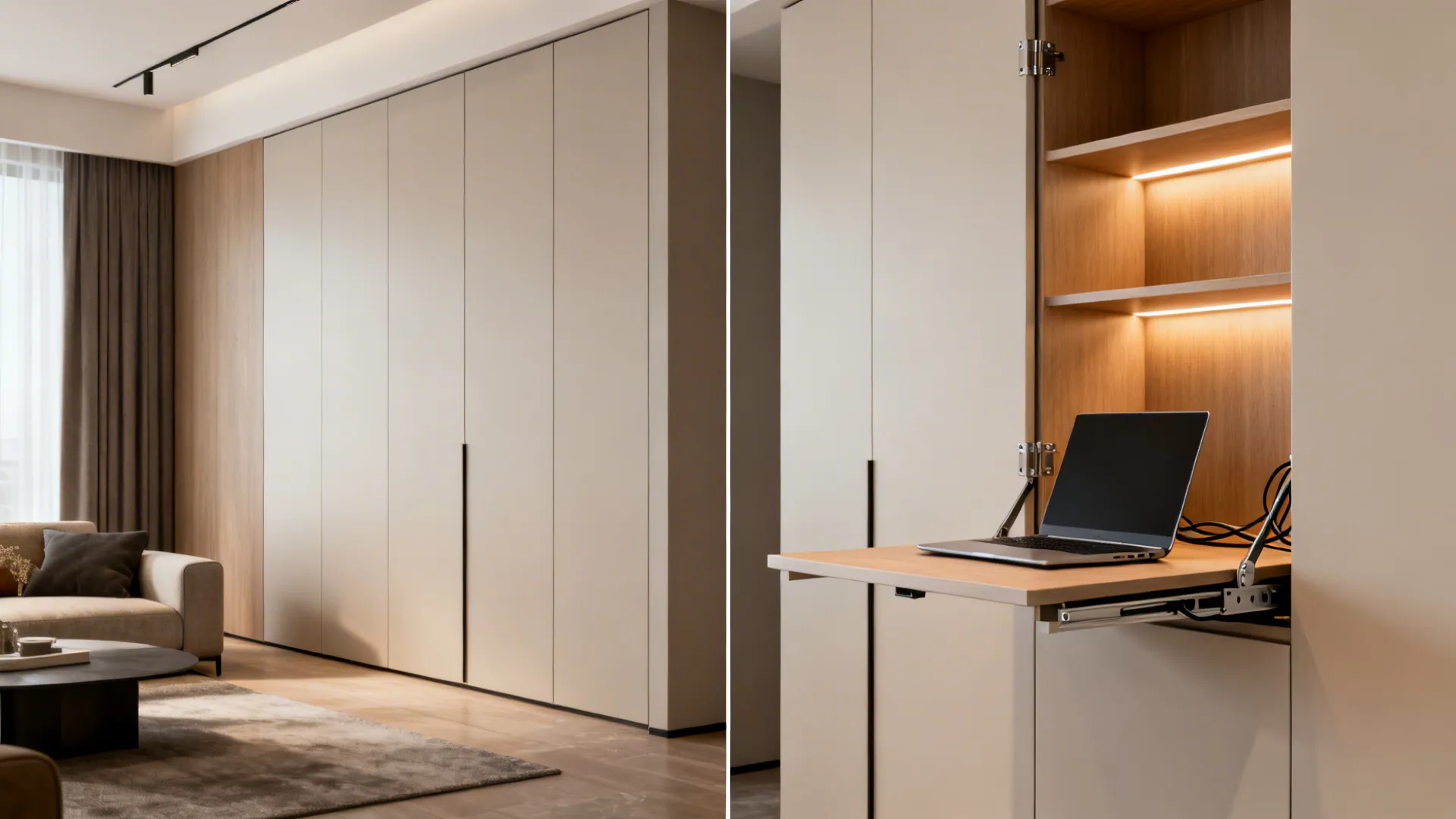 Wall cabinet closed and opened into a fold-down desk with internal storage and lighting, before-and-after view.