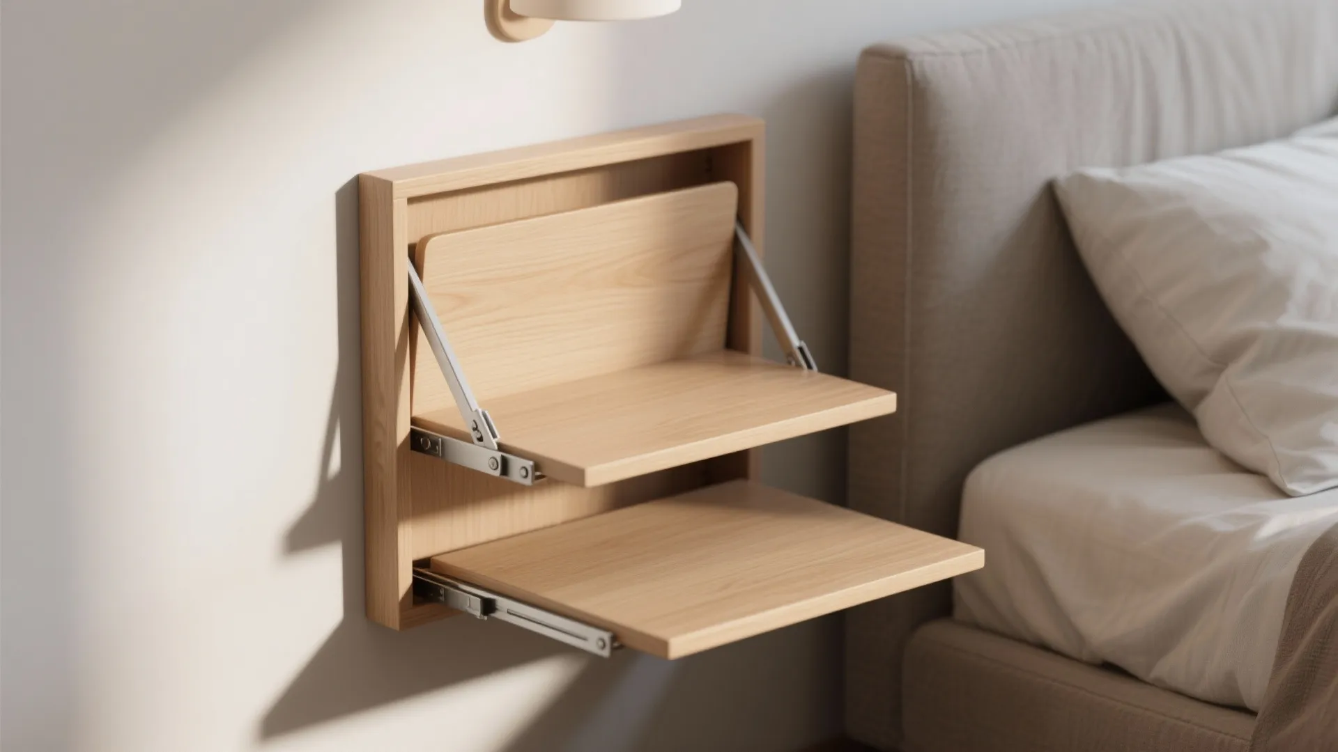 Wall mounted wooden fold down nightstand with two shelves next to a beige fabric bed