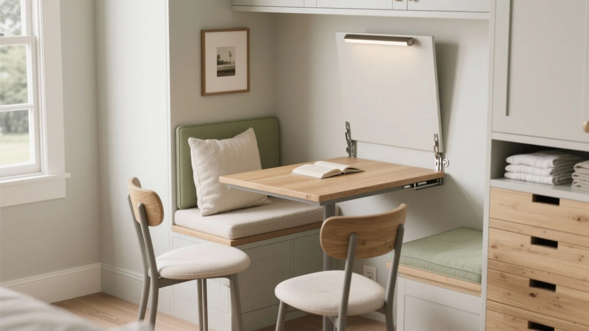 Small dining area with folding table wooden chairs wall light bench seat and built-in storage