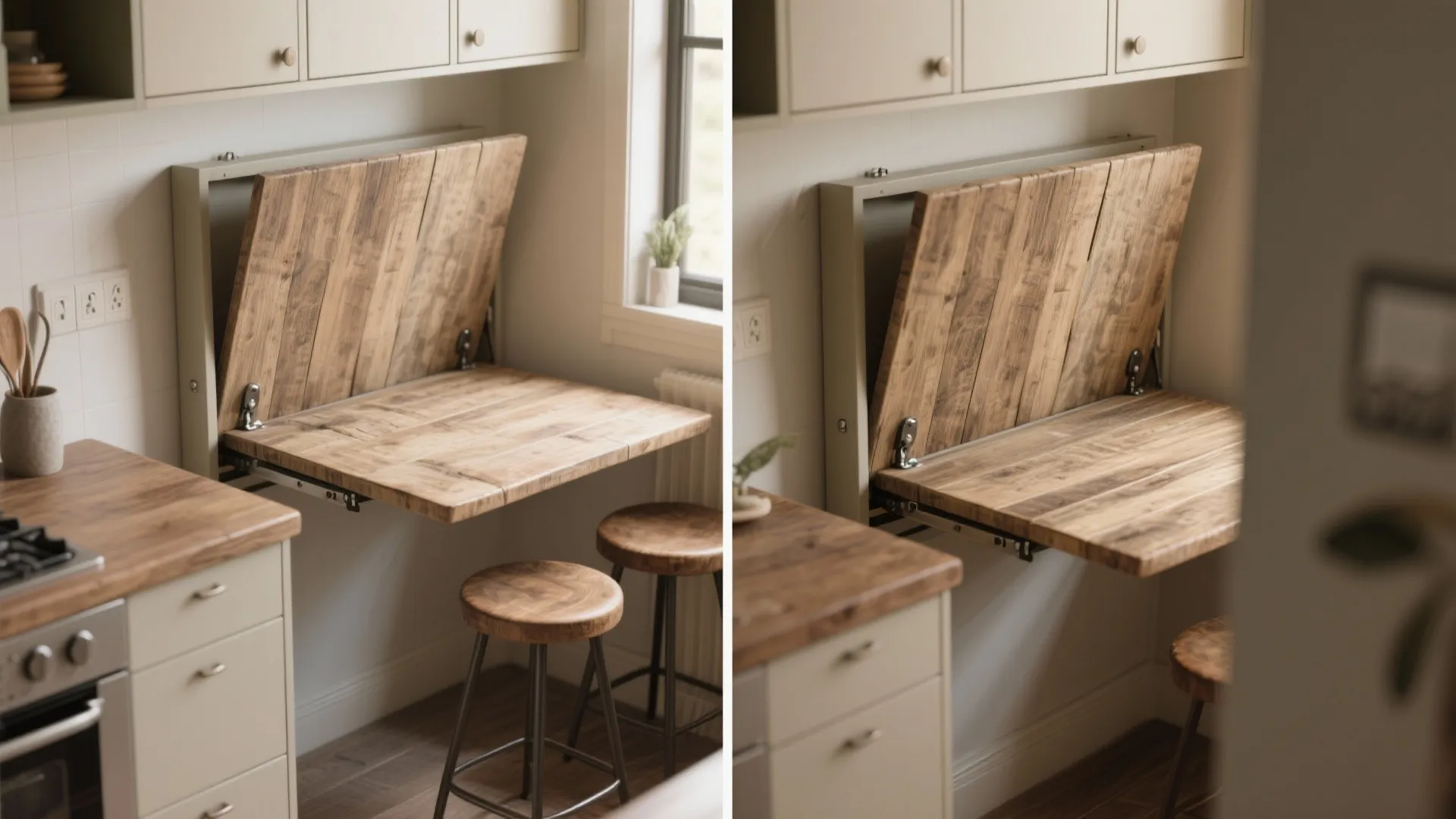 Space saving kitchen with wooden fold-down table attached to wall and two round wooden stools