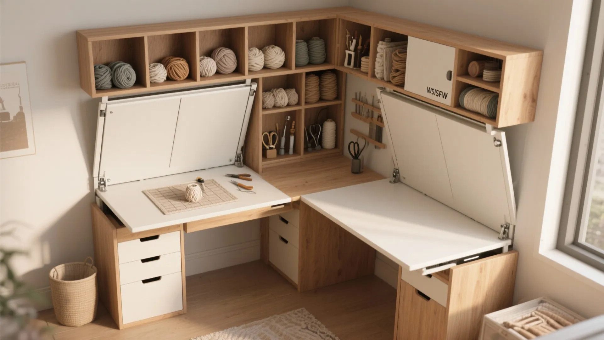 Corner craft room with wooden storage cabinets and two fold down desks for creative workspace