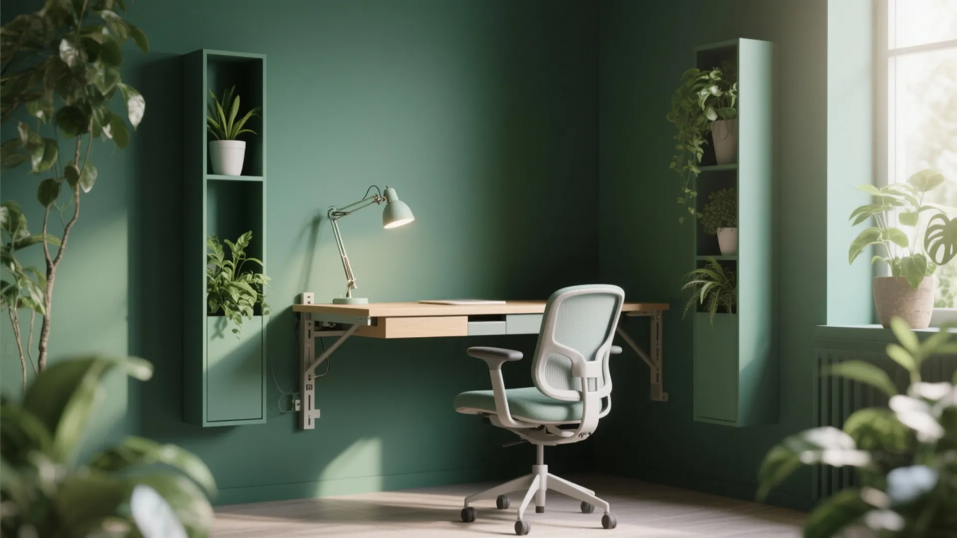 3. Fold-Down Desk Nook with Vertical Plants