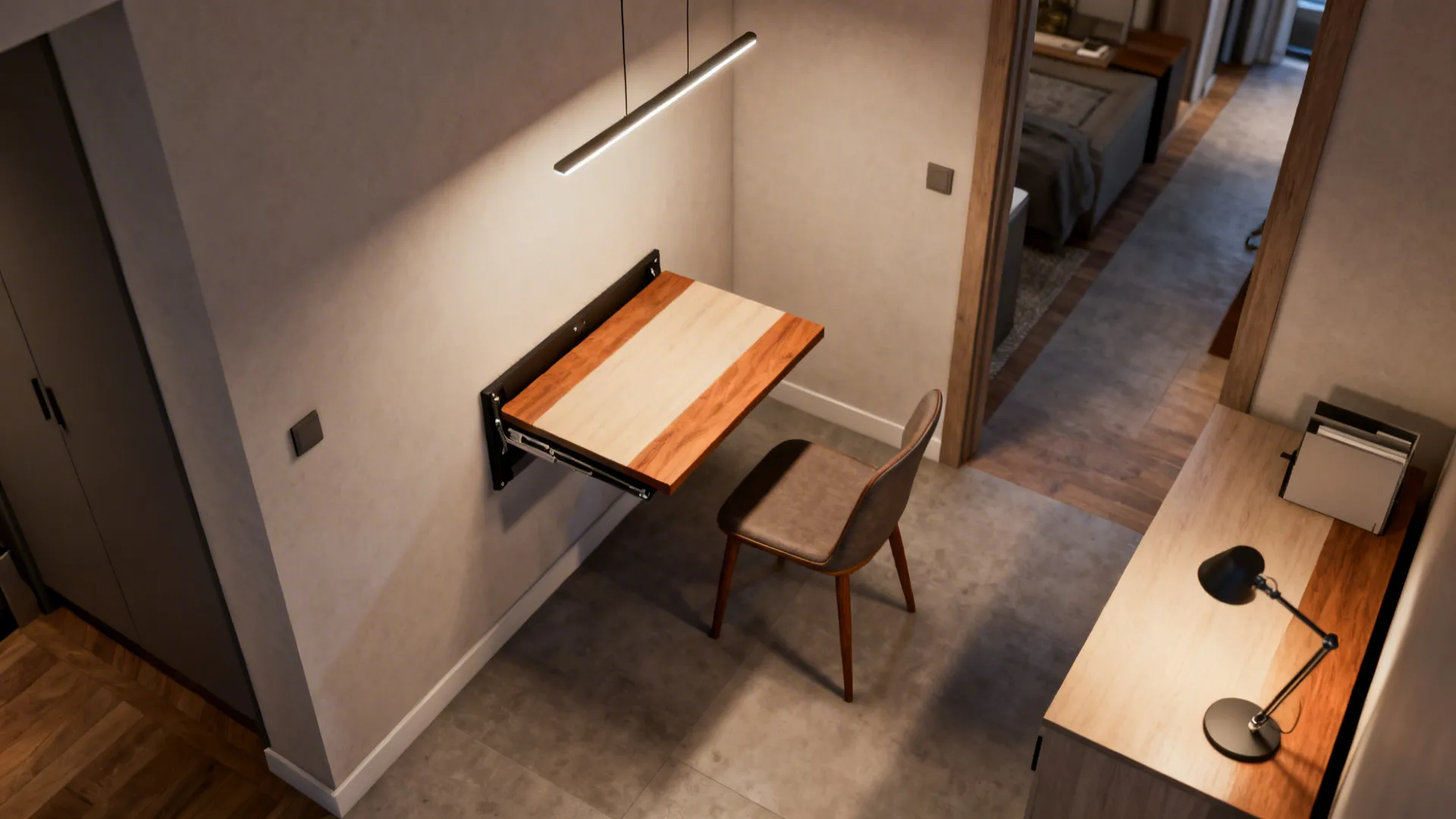 Wall mounted folding wooden desk in corner with brown chair and a warm overhead light