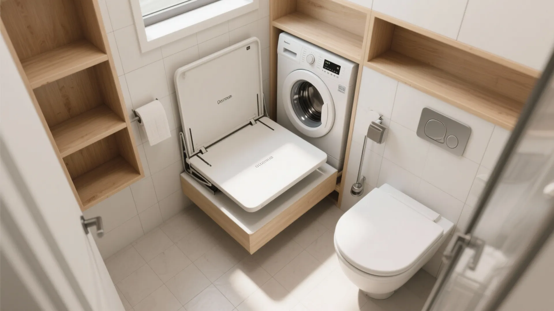 5. Fold-Down Washer Shelving Over Toilet