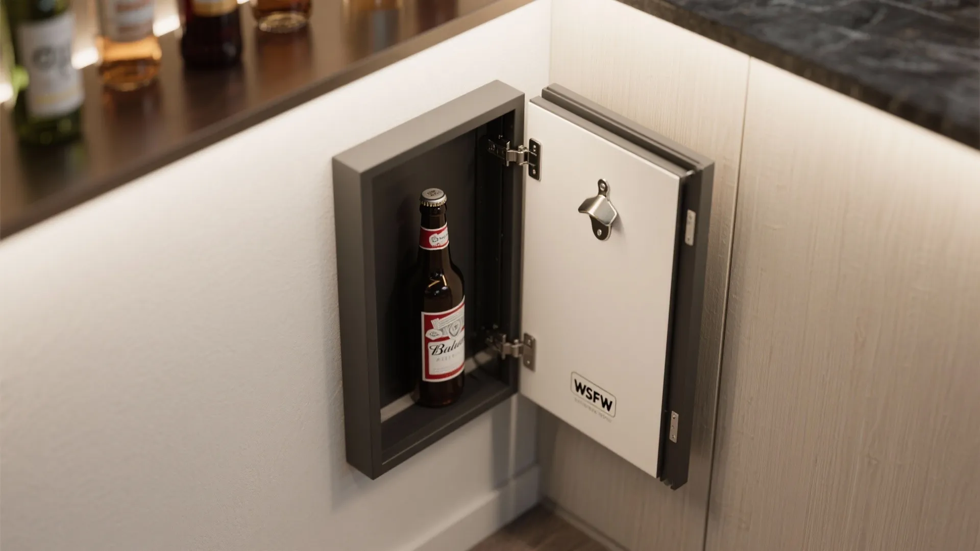 Fold-down panel with integrated wall opener in a small bar nook