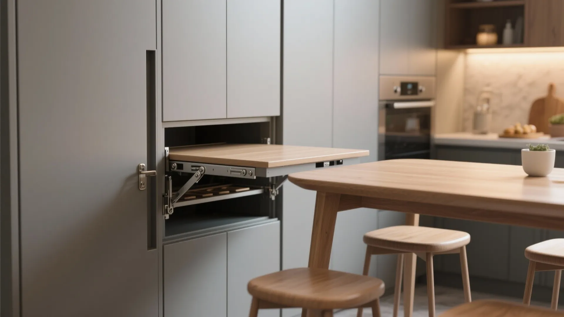 Modern grey kitchen cabinet with a pull out wooden table and matching wooden bar stools