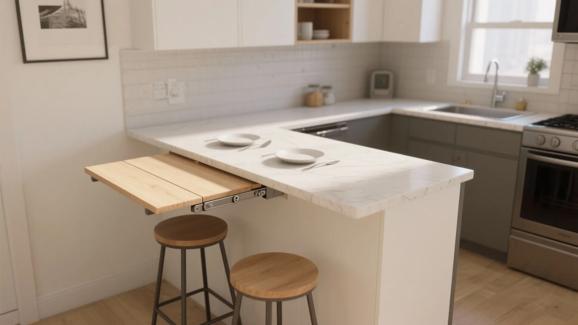 Modern kitchen island with a fold out wooden dining table extension and two wooden stools