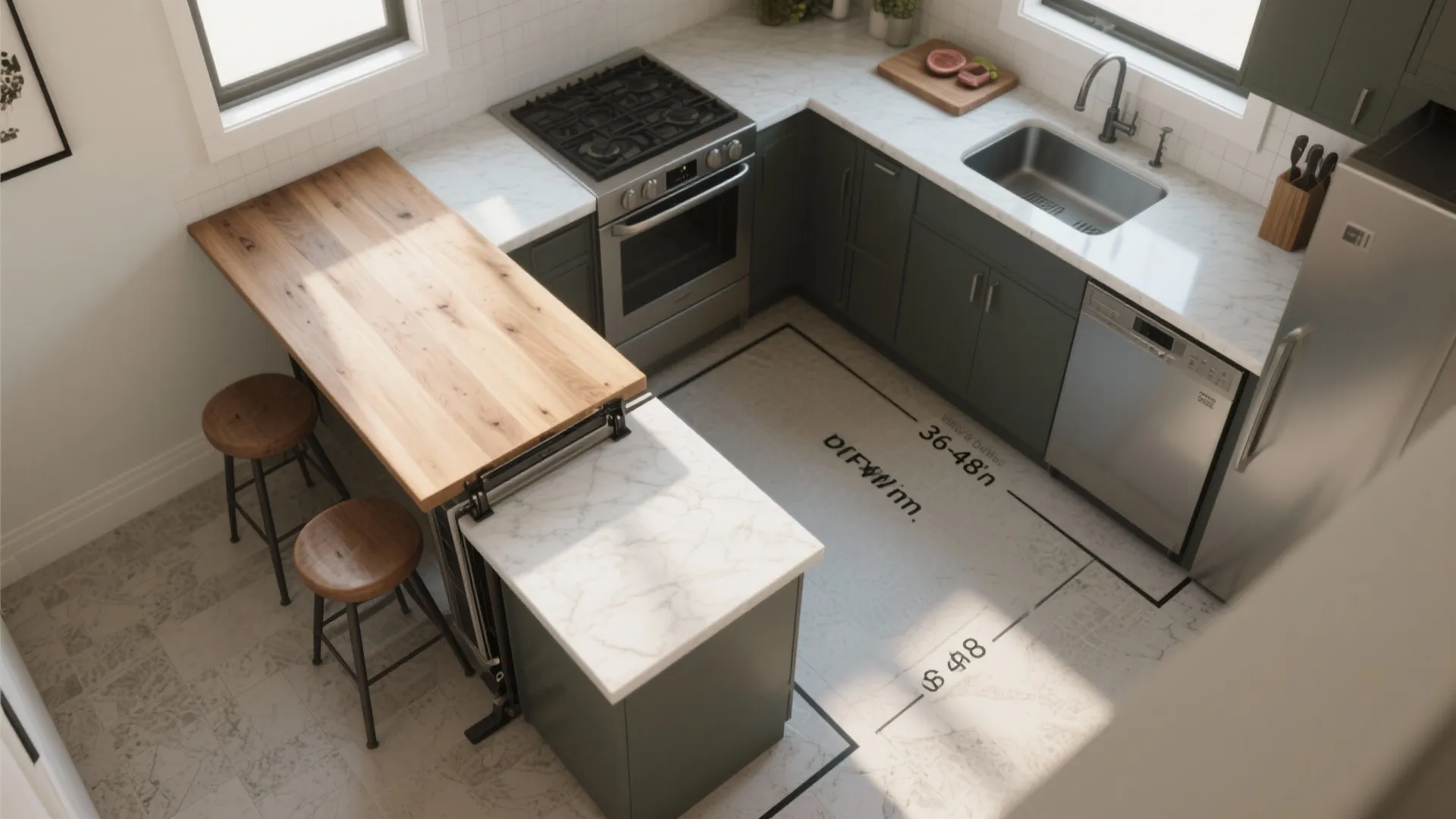 Top-down view of fold-down butcher block and short peninsula in a compact L-shaped kitchen showing clearances