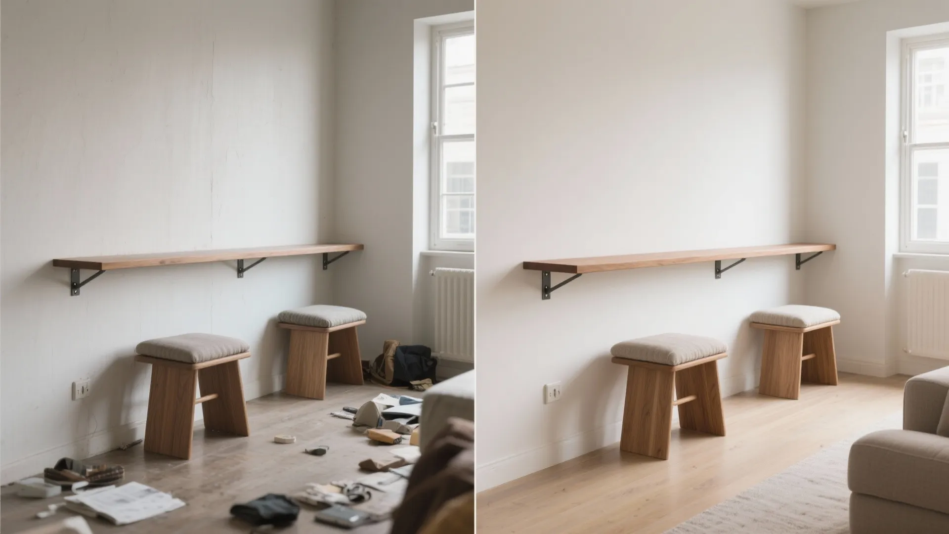 Wall-mounted shelving and fold-down perches