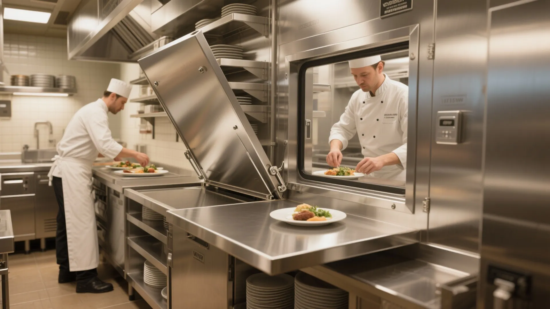 Fold-down stainless plating pass in use, creating temporary workspace in a small kitchen.