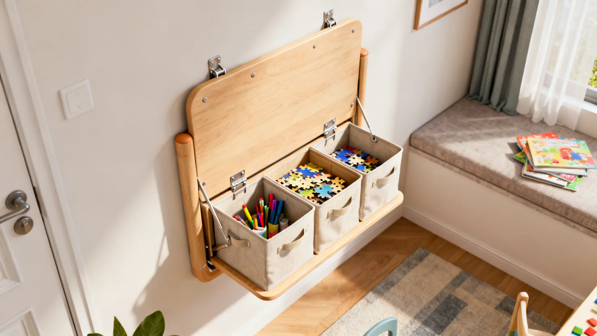 Wall-mounted fold-down play table with interior storage and child-safe rounded edges