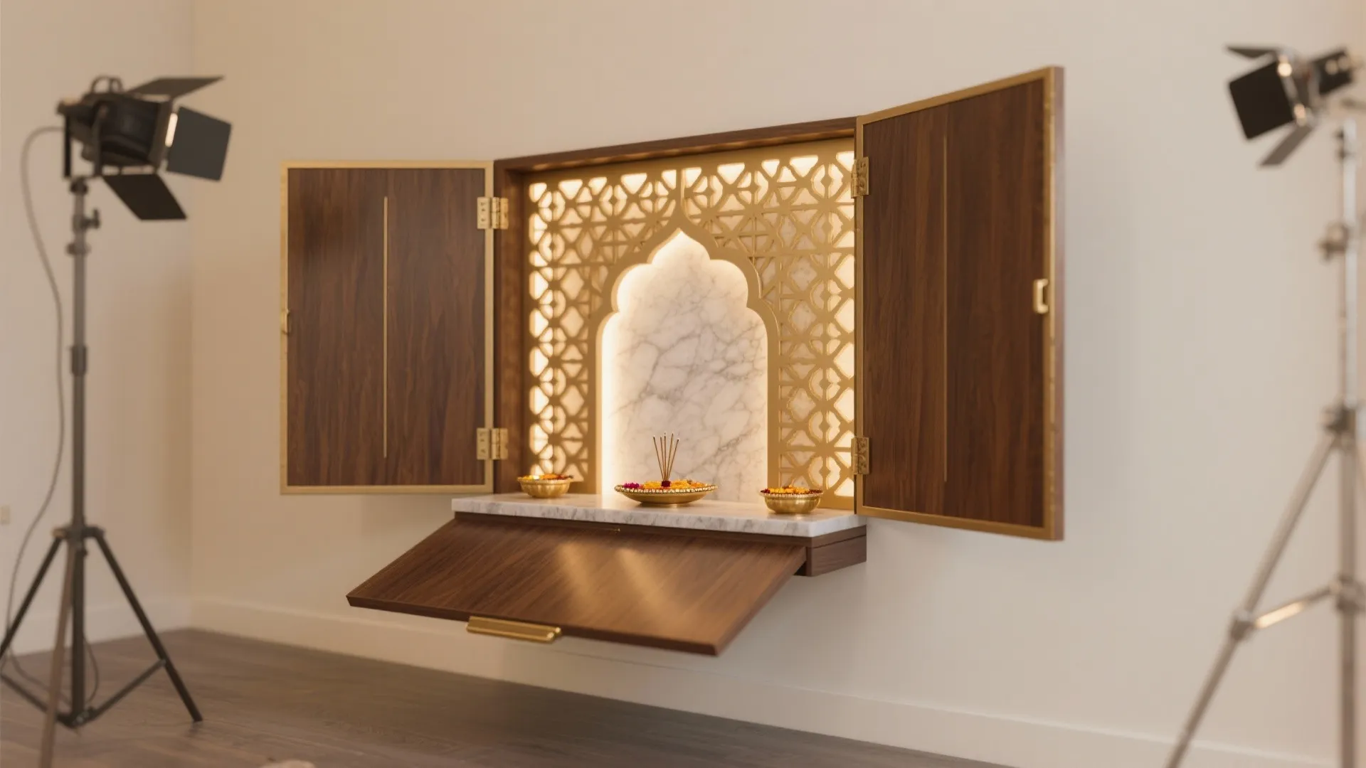 Wall mounted wooden prayer cabinet with folding doors marble shelf and gold pattern panel under lights