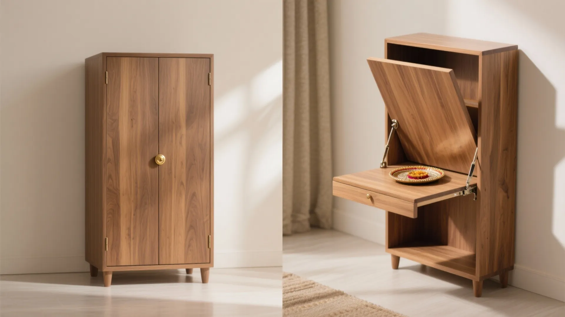 Compact Floor-Standing Cabinet with Fold-Down Puja Table