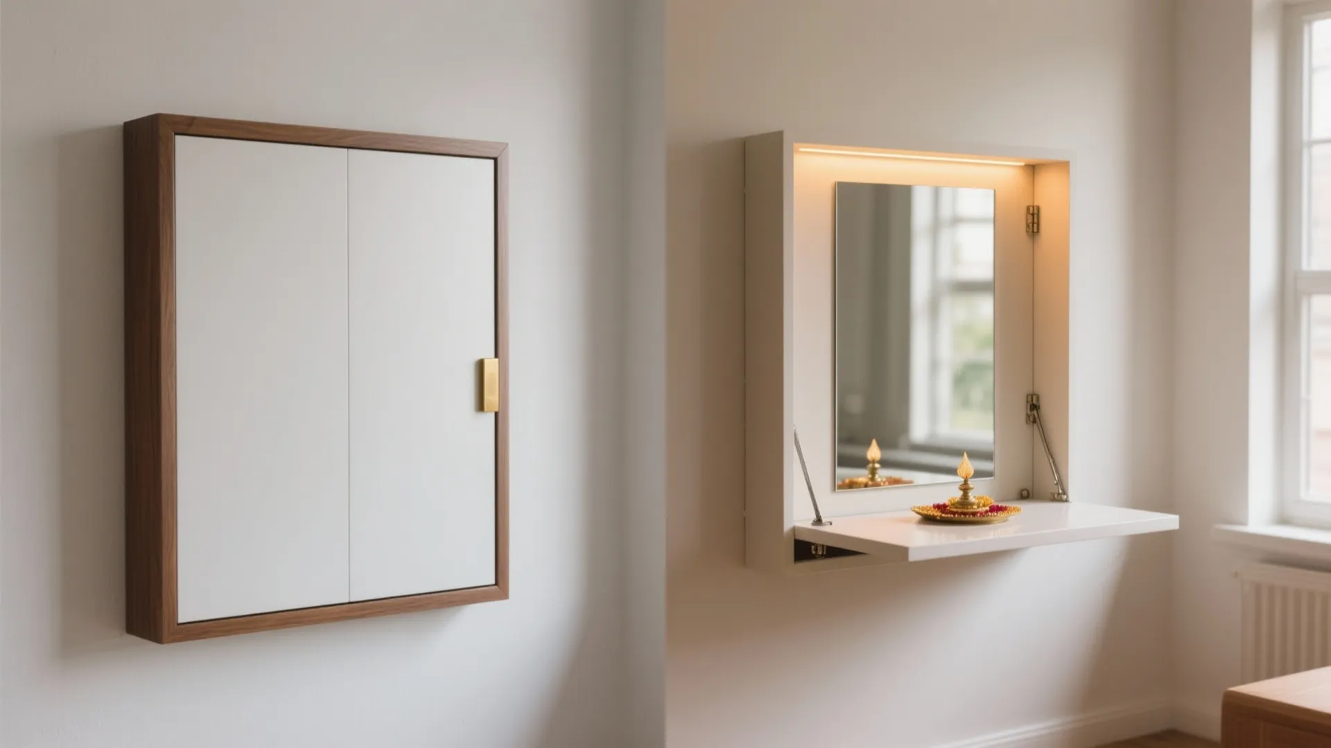 Wall mounted white cabinet with wood frame showing closed and open positions with mirror and light