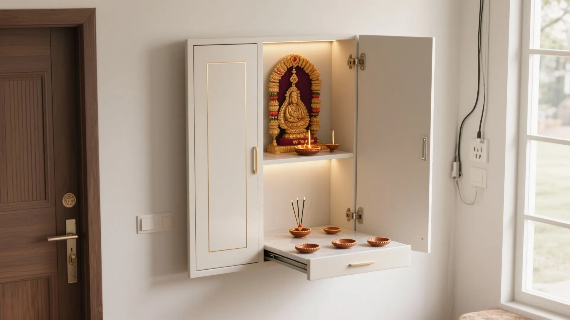Fold-down pooja cabinet in an entryway with pull-out tray, concealed LEDs, and hydraulic stays.