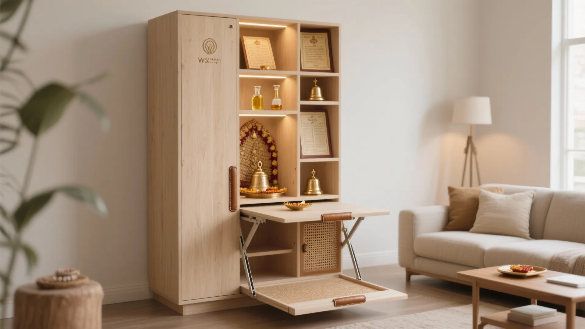 Compact plywood pooja cabinet with fold-down aarti shelf